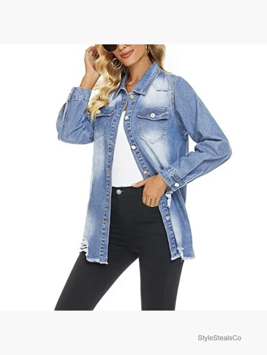 Distressed Denim Jacket Mid-Long Ripped Button Down Casual Women's - Picture 4 of 7
